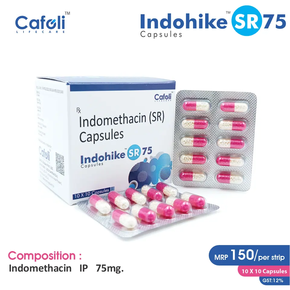 Indomethacin 75mg Capsule at the best price in PCD Pharma Franchise for Pain and Inflammation Relief.